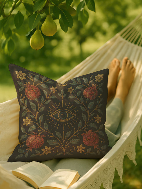 Square pillowcase featuring a mystical eye motif surrounded by embroidered-look gold rays, deep red pomegranates, and curling blue-green vines with floral accents on a black background. Made from premium polyester with a linen-texture feel, available in 18x18 and 22x22 inches, printed on both sides with hidden zipper. Perfect for dark academia and gothic home decor.